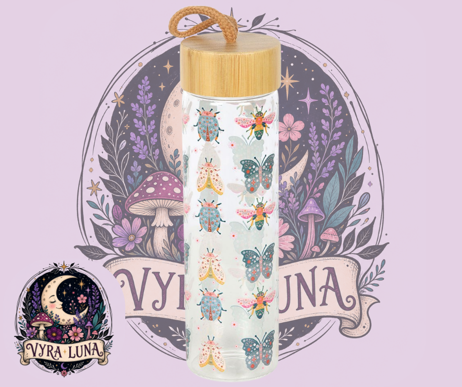 Floral Bug Print Glass Water Bottle