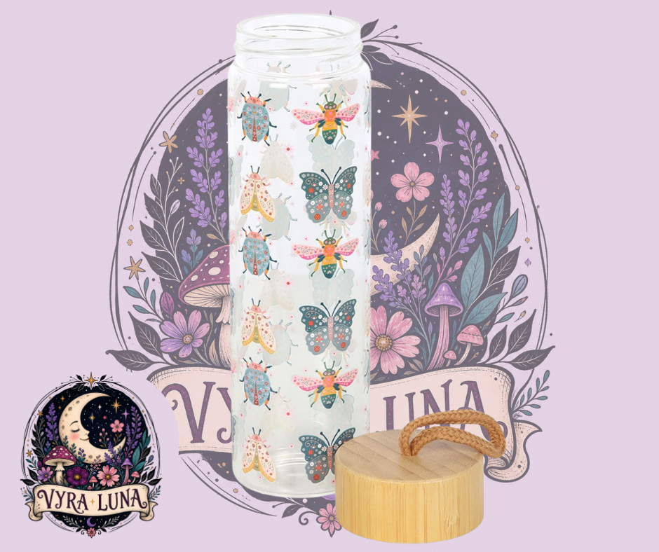 Floral Bug Print Glass Water Bottle