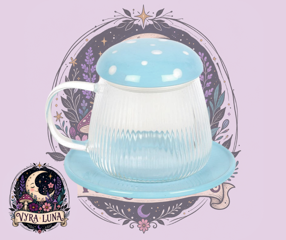 Mushroom Glass Mug with Lid & Saucer