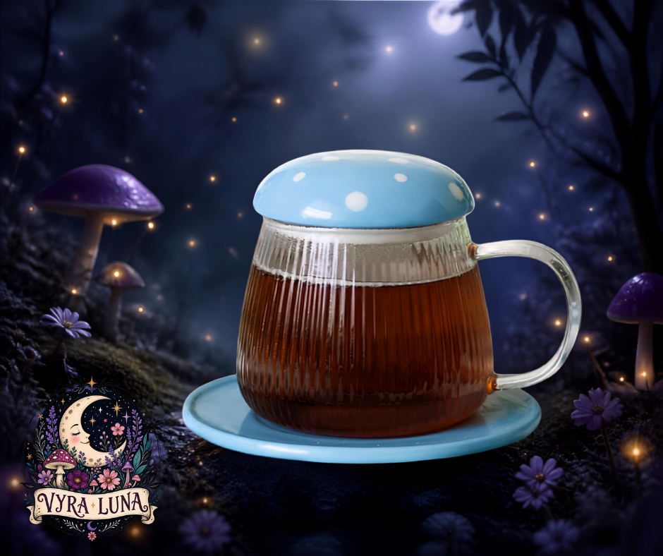 Mushroom Glass Mug with Lid & Saucer